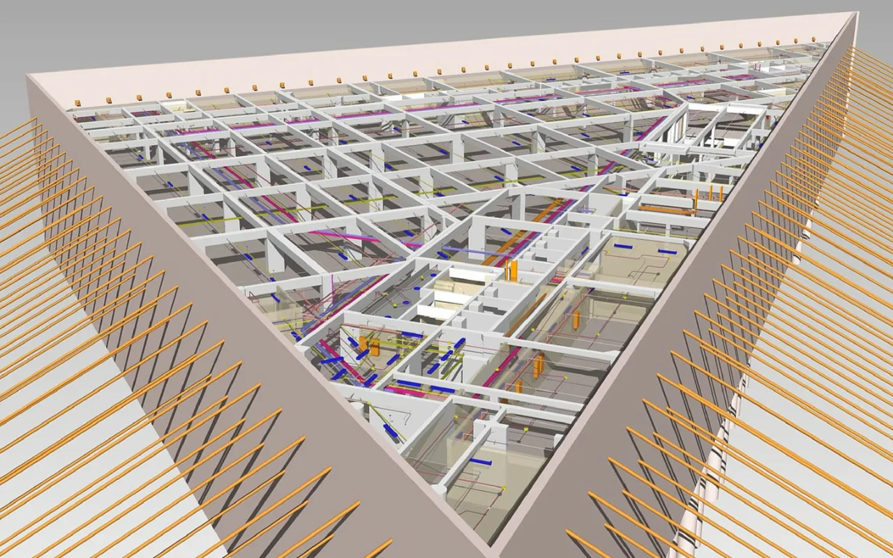 Perspectiva próxima do modelo BIM do Parque Olímpico IBC, mostrando estrutura e instalações integradas