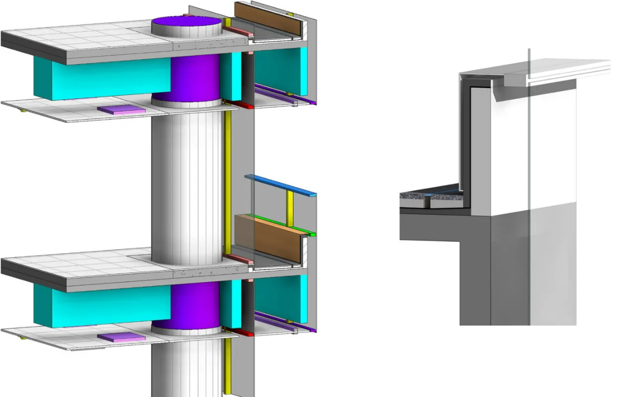 Detalhes BIM da fachada, estrutura e encontros construtivos de edifício comercial em São Paulo