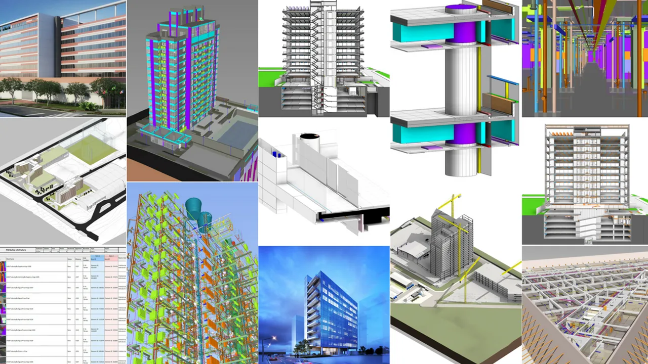 Mosaico do portfólio DTM com perspectivas, modelos BIM, detalhes e compatibilização de diferentes projetos