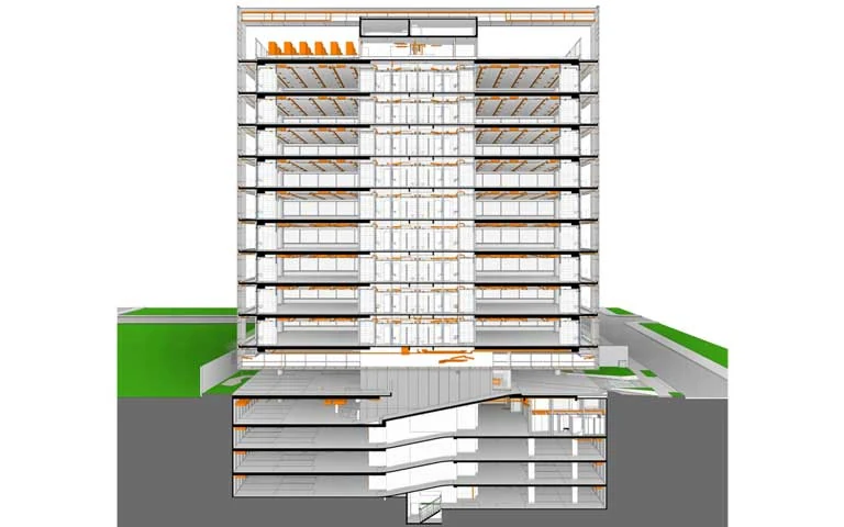 Corte do modelo BIM do projeto Bela Cintra, com pavimentos e subsolos