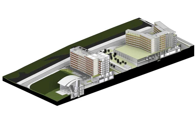 Modelo BIM do Complexo RPP mostrando implantação e volumes